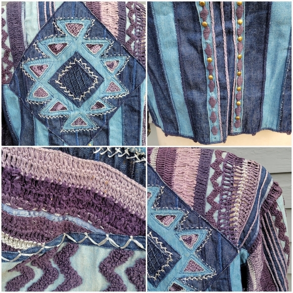 Vintage 90s y2k Denim Blue Purple Knit Crochet Studded Embroidered Jacket Md - Picture 3 of 6
